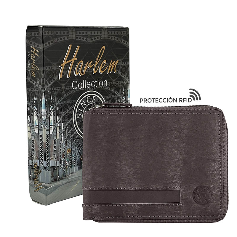 Imagen de Cartera piel oscura con cierre de cremallera Colección Harlem con caja